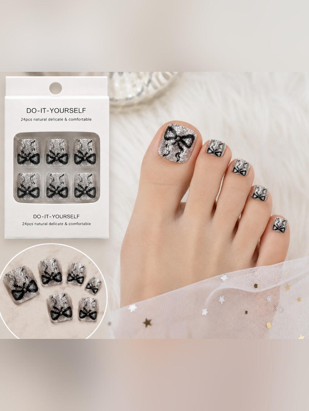 24pc Silver Glitter Bow Press On Toenails Square DIY False Toe Nail Set